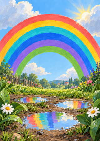 Large multicolored rainbow above a garden with three reflective puddles, white daisies, shrubs and a bright sun.