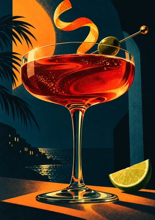 An oversized coupe with a ruby-red drink, curling citrus peel, olive on a pick, and lime wedge against a dark teal and orange background.