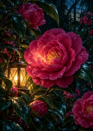 Large fuchsia camellia and glossy leaves with smaller blooms around a glowing lantern against dark foliage.
