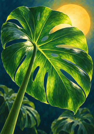 Large green monstera leaf with natural openings silhouetted against a bright golden sun disk and dark green background foliage.