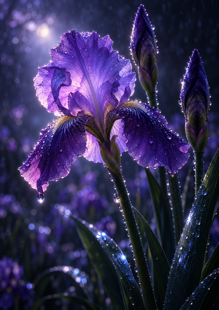 Close-up of a luminous purple iris with two upright buds and water droplets against a dark indigo background.