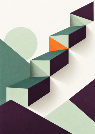 Portrait abstract artwork with stepped mint and plum geometric planes, a bright orange facet and warm-white negative space.