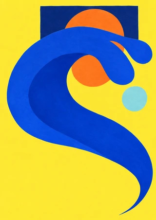 Abstract ultramarine curling wave-like shape around an orange disc, with a pale-aqua circle and navy block on a yellow background.