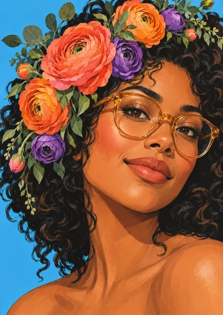 Close-up portrait of a woman with dark curly hair and round amber glasses, framed by coral, orange, and violet flowers against blue.