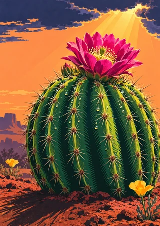 Ribbed green barrel cactus with a magenta crown flower and rain beads, framed by desert blooms, mesas, storm clouds, and golden light.