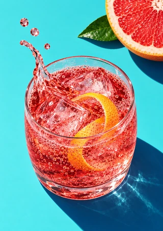 Clear tumbler of ruby-pink grapefruit soda with ice and citrus peel, a splash and droplets, and a cropped grapefruit on an aqua background.