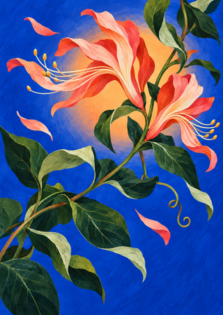 Two coral-pink tubular flowers on a leafy vine, with detached petals and a curling tendril against blue and peach.