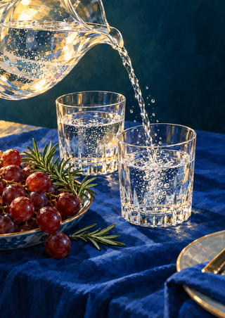 Clear pitcher pouring sparkling water into a faceted tumbler beside another glass, red grapes, rosemary, and blue cloth.