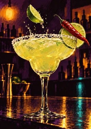 Salted-rim stemmed citrus drink with a red chili across a lime wheel and a falling lime wedge against a dark bar.
