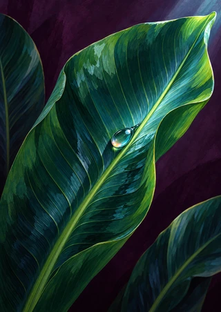 Glossy green leaf with a bright water droplet on its central vein against a deep plum background.