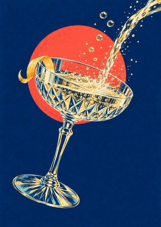 Cut-glass coupe receiving an arcing sparkling pour, with bubbles, curled citrus peel, and a coral disk against a deep navy field.