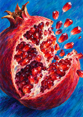An opened pomegranate with glossy ruby-red arils and pale pith, surrounded by scattered seeds on a bright blue background.
