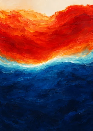 Abstract red-orange forms above a deep ultramarine field, divided by a wavering pale aqua and white seam against a cream-and-peach ground.