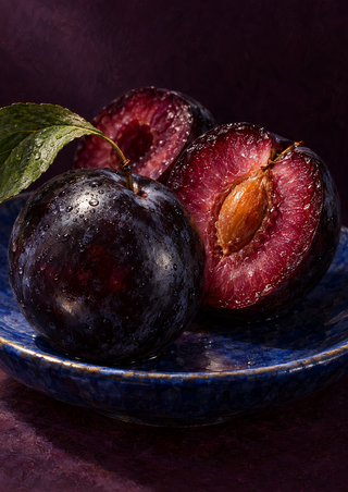 Three dark plums on a blue ceramic dish against a dark background, including one split open to show magenta flesh and a brown pit.