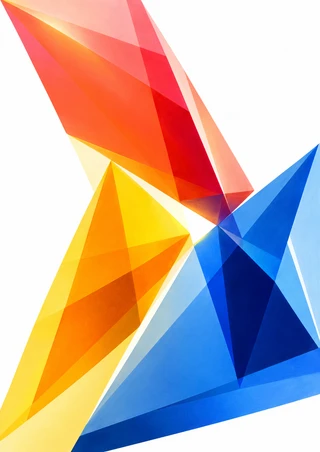 Abstract portrait artwork of crossing coral, amber, and blue angular forms with a bright white opening and ample white space.