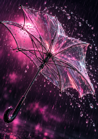A translucent umbrella turned inside out against a dark plum background, its pink-lit ribs and hooked handle framed by rain and flying droplets.