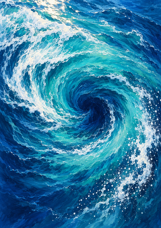 Overhead-looking turquoise and cobalt water whirlpool curling around a dark navy center with white foam and spray.