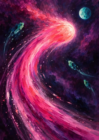 Bright coral-pink comet with a broad curling magenta tail crossing a deep plum-violet field beside a turquoise moon and small blue-green fragments.