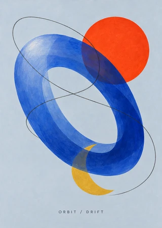 Abstract blue diagonal loop with an orange disk, mustard crescent, and fine charcoal line on pale blue-gray, with “ORBIT / DRIFT” lettering below.