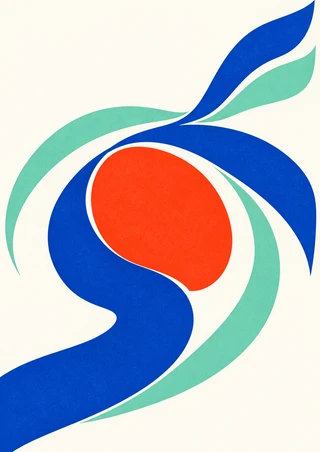 Cobalt and mint ribbon-like bands curl around a central vermilion oval on a warm-white background.