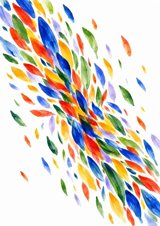 Colorful tapered seed-shaped brush marks sweep diagonally across a white background in blue, red, yellow, green, and lavender.