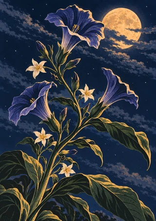 A stylized branching plant with indigo trumpet-shaped flowers and pale star-like blooms beneath an apricot moon in a clouded midnight sky.