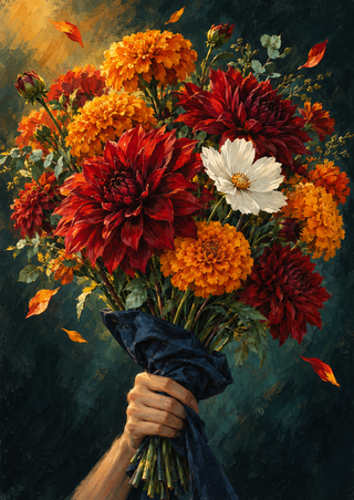 Hand holding a bouquet of orange marigolds, deep red dahlias, and one white cosmos, with loose petals and dark blue stem wrap.
