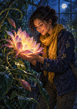 An adult woman in a dark jacket and saffron scarf holds a glowing flower among greenhouse plants beneath a moonlit glass roof.