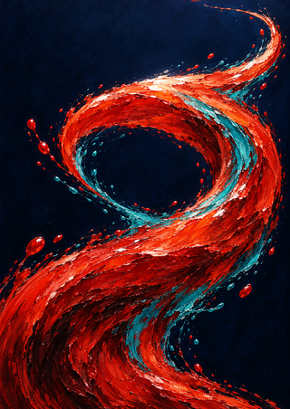 Abstract vermilion and turquoise ribbon curls into a loop with scattered droplets against a dark indigo background.