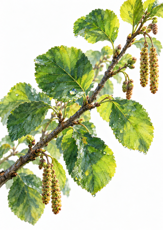 Diagonal alder-like branch with toothed green leaves, dangling catkins, and a raindrop against a cool-white background.