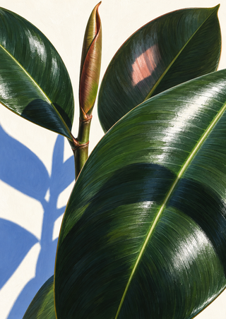 Close-cropped glossy dark-green leaves with a tall rolled young leaf, a cobalt shadow on a pale ground, and a pink reflection.