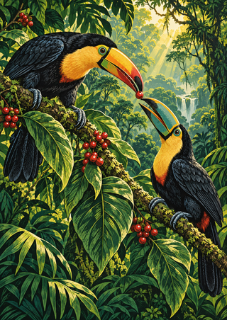 Two toucans meet around a red berry on a fruiting branch amid dense tropical foliage and a distant waterfall.