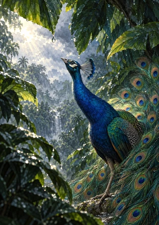 Deep-blue peacock with a partly fanned, eye-spotted tail beneath wet tropical leaves, looking toward a hanging droplet.