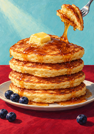 A golden stack of pancakes topped with butter and syrup, with a fork lifting a bite above blueberries on a white plate.