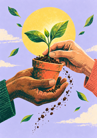 Two hands holding a small terracotta pot with a green seedling, soil falling between them against a lilac background and yellow disc.