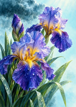 Three violet-blue iris forms with bright golden throats and water droplets rise above long arching leaves beneath a dark cloud.