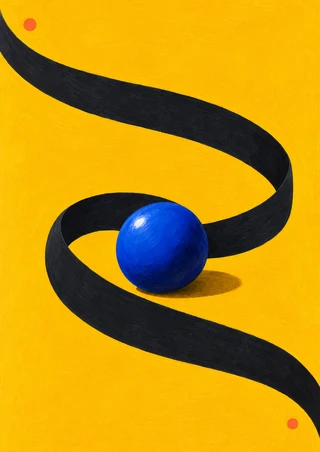 Glossy cobalt-blue sphere surrounded by a looping charcoal band on a marigold-yellow background with two coral dots.