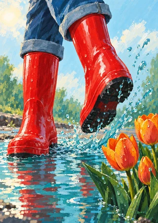 Red rain boots, with rolled blue trousers visible above them, step through a turquoise puddle beside orange tulips.