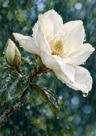 Large white magnolia with layered petals and visible stamens, an unopened bud, glossy leaves, branch, and water droplets.