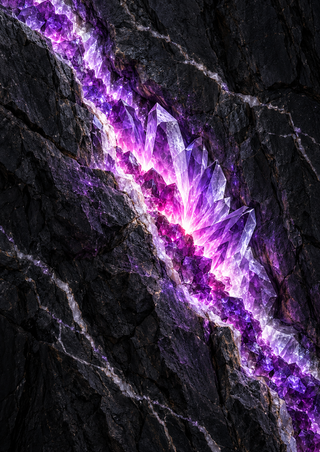 Luminous purple amethyst blades fan out from a diagonal seam in dark, textured rock.
