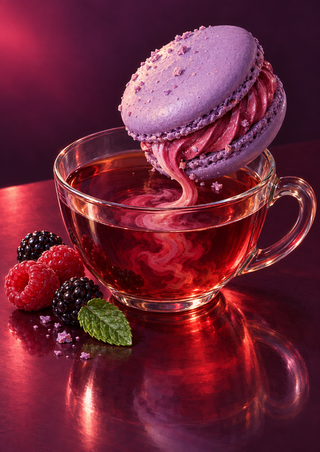 A lavender macaron rests across a clear glass cup of red tea beside raspberries, dark berries, mint, and crumbs.