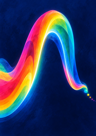 A luminous multicolored ribbon-like wave arches against a deep blue background, with a bright inner edge and trailing colored dots.