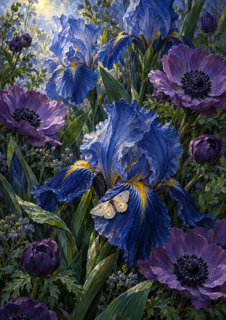 A pale cream moth rests on a blue iris among purple flowers and dense green foliage, with cool light opening in the upper-left background.
