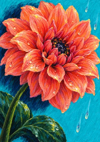 Close-up coral-orange dahlia with layered petals, a dark dotted center, and water droplets against turquoise, with stem and leaves below.