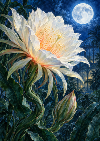 Large ivory night-blooming flower with coral center and curling green stem beneath a full moon, with a closed bud and dark foliage.