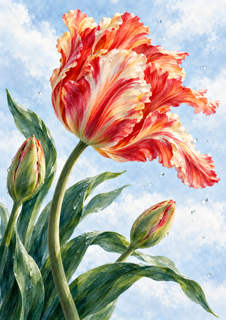 Large ruffled red, coral, apricot, and ivory tulip swept sideways, with two buds, long green leaves, and droplets against a pale blue-white background.