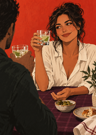 An adult woman raises a clear drink toward a companion across a plum checked table with olives and plates of food against a vermilion wall.
