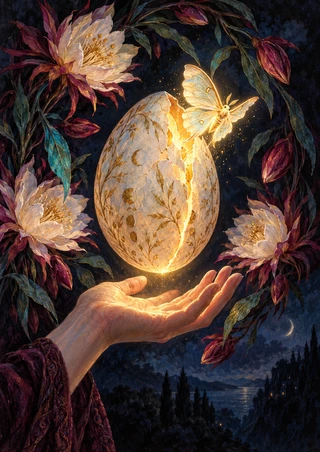 Ornamented ivory egg with a glowing golden seam floating above an upturned hand, with a luminous moth, flowers, and dark foliage.