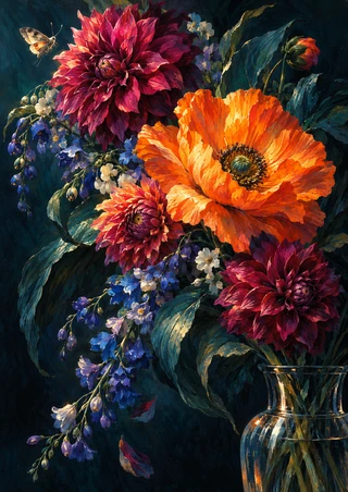Orange poppy and pink dahlias with trailing blue-violet blossoms, a small moth near the upper-left bloom, and a cropped glass vessel at lower right.