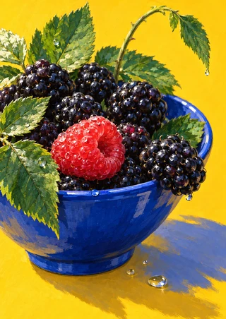 Blackberries and a prominent red raspberry in a cobalt-blue bowl, with leafy stems and water droplets against yellow.